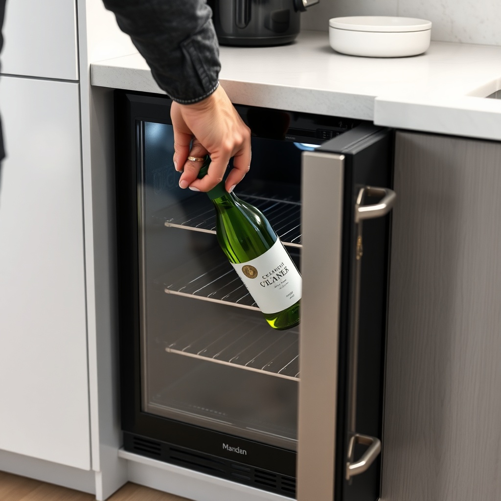 <clean photorealistic stock photo of a person inserting a green wine bottle into a sleek