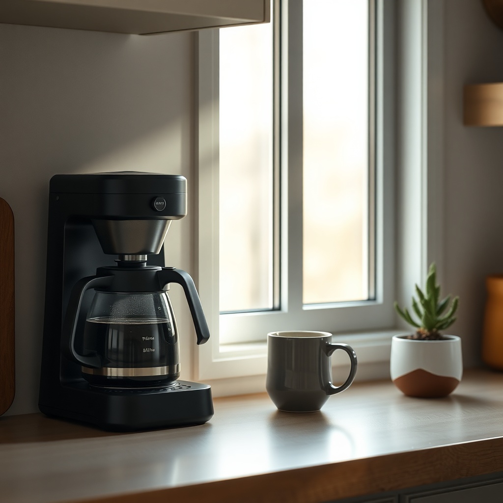 A photorealistic shot of a tiny house kitchen countertop with a sleek