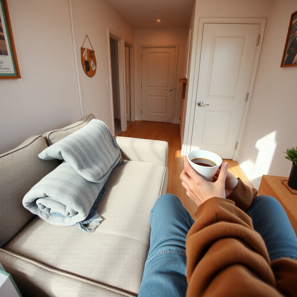 A photorealistic wide-angle shot of a tiny house living room with a small sofa