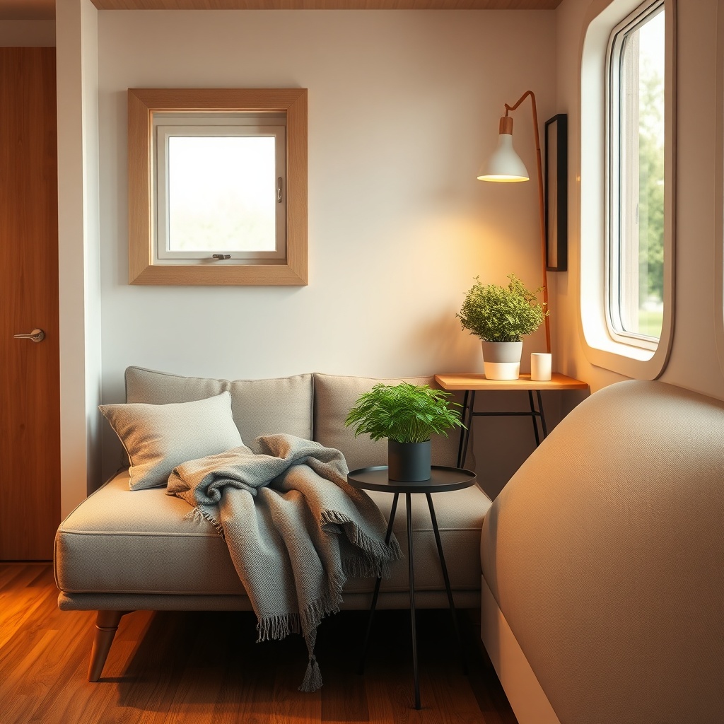 A photorealistic image of a tiny house living space showing a sofa with a folded compact b