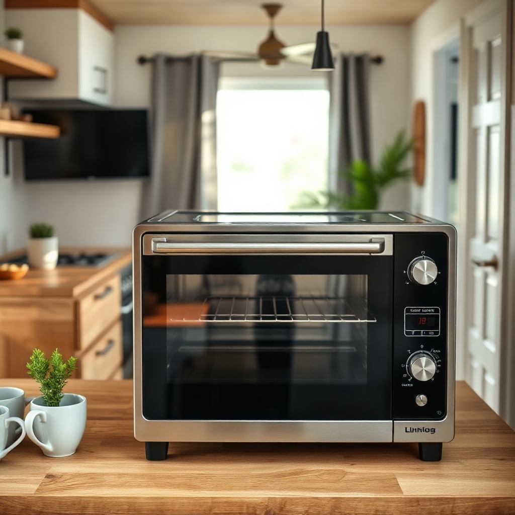 A photorealistic photo of a tiny house kitchen with a sleek