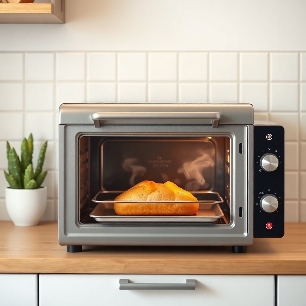 A photorealistic photo of a countertop oven with its door open