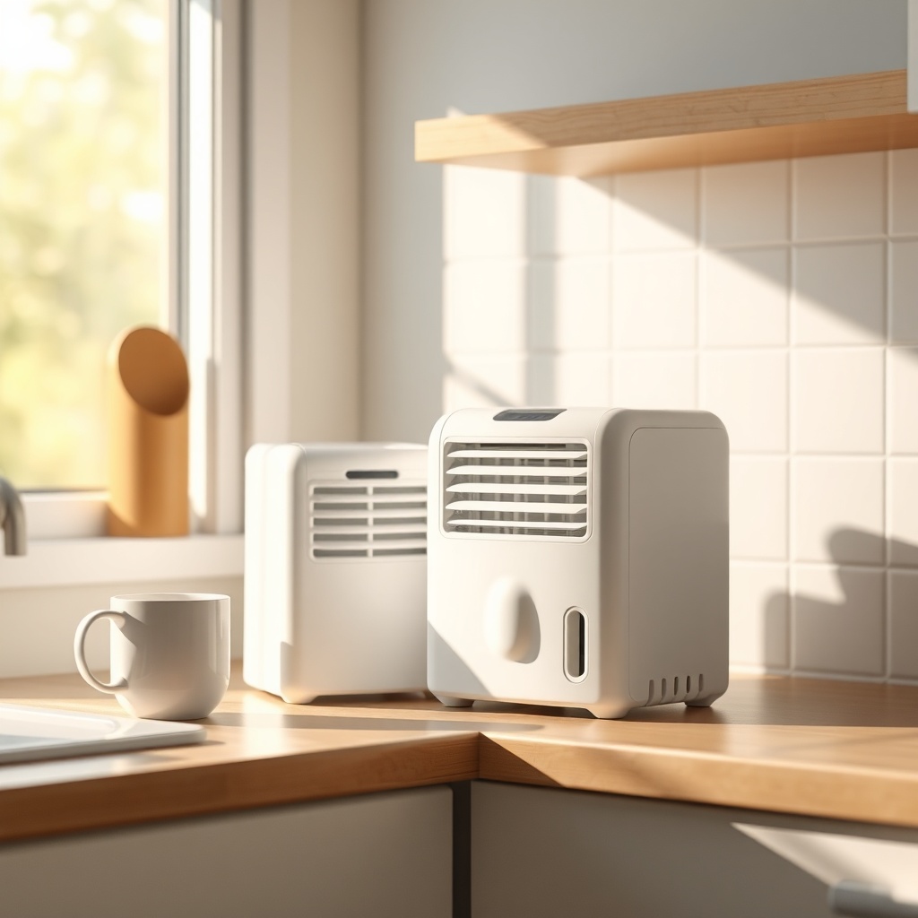 A photorealistic tiny kitchen counter with a small white dehumidifier next to a ceramic co