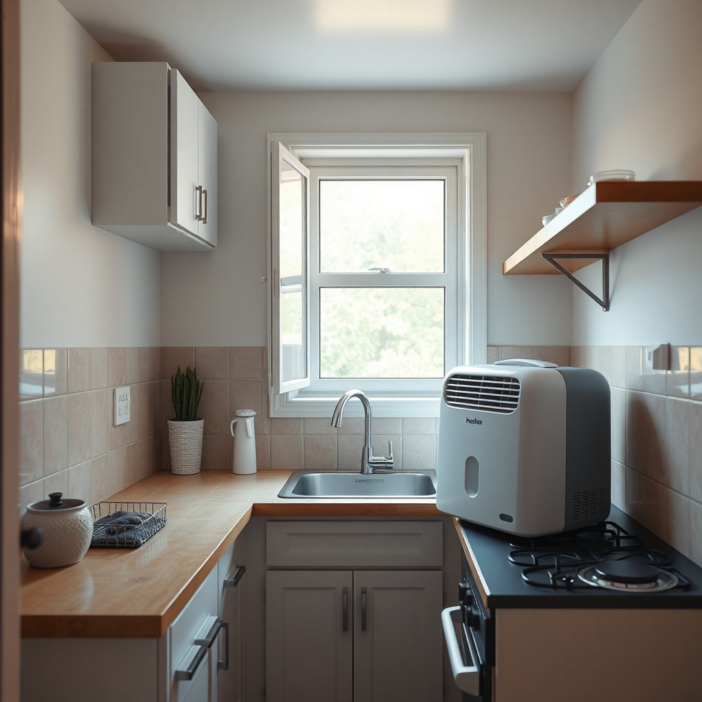 A photorealistic wide shot of a tiny kitchen with a dehumidifier placed on a counter near