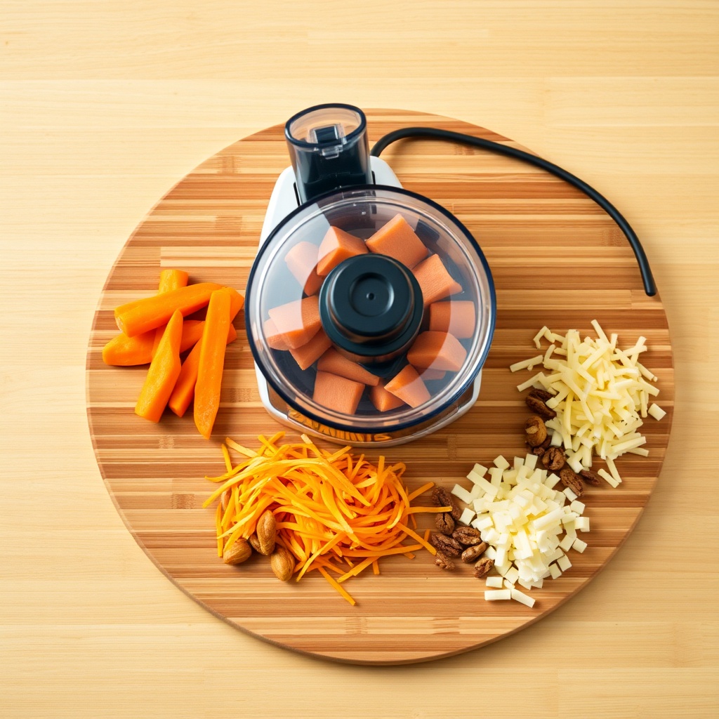 A photorealistic overhead shot of a compact food processor on a bamboo cutting board