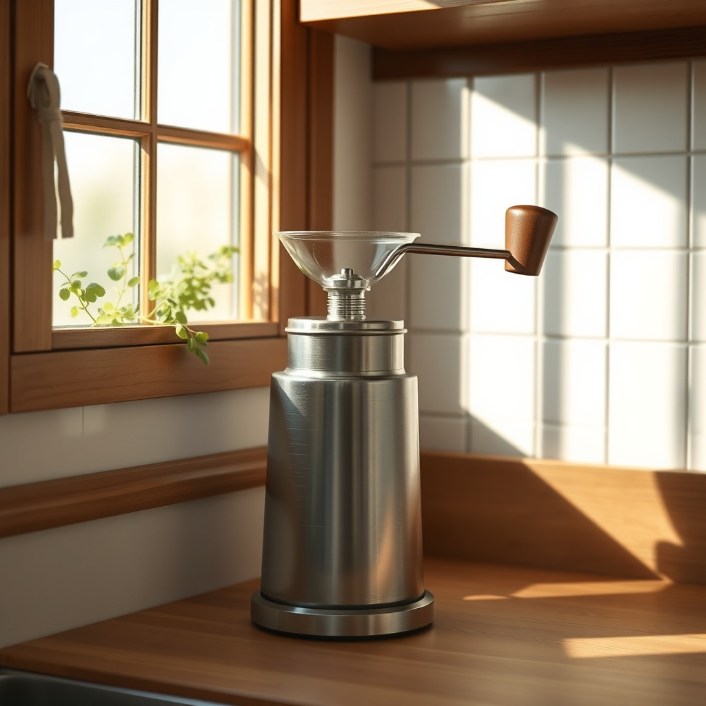 <clean photorealistic photo/illustration of a compact grain mill sitting on a small wooden