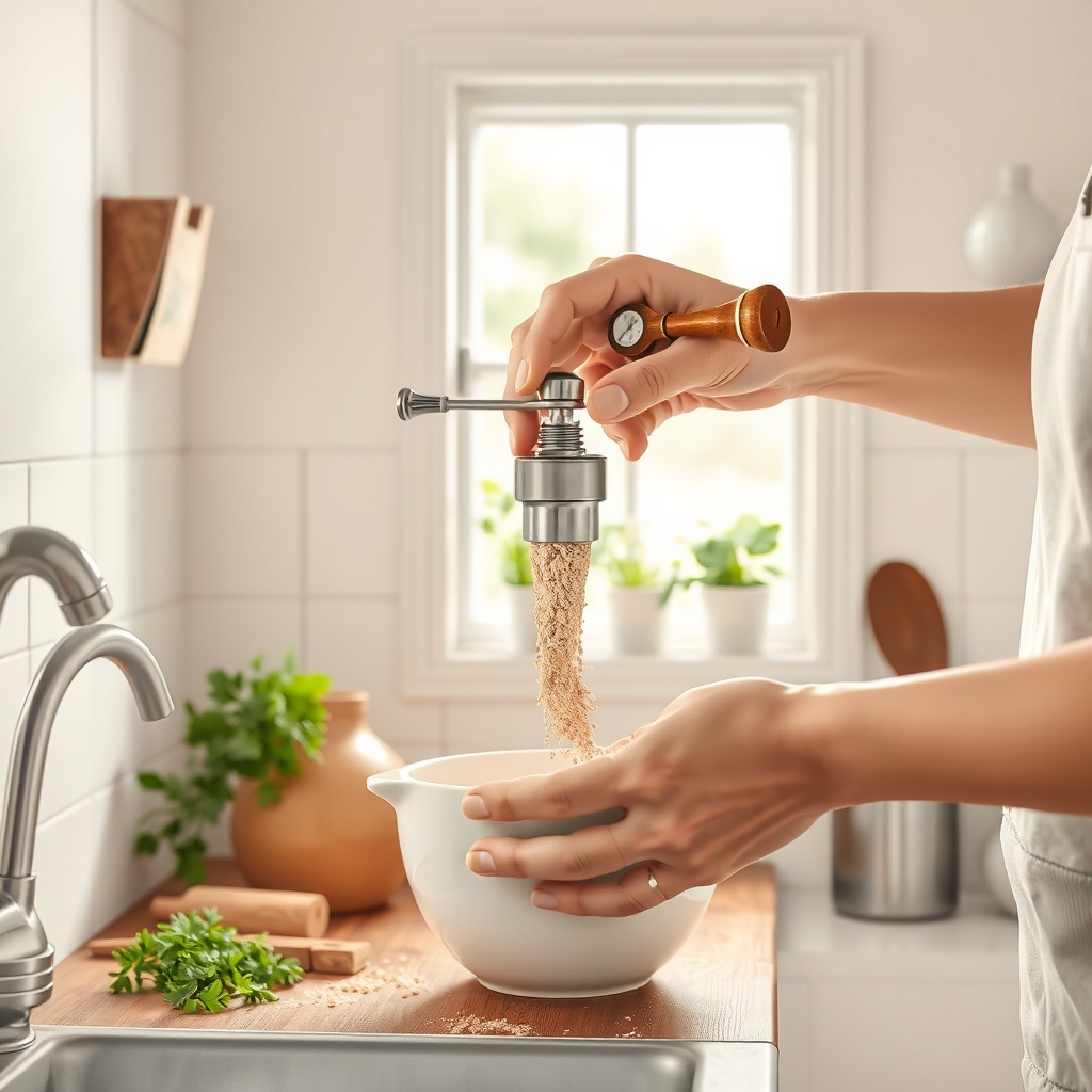 <clean photorealistic photo/illustration of a person using a handheld grain mill over a bo