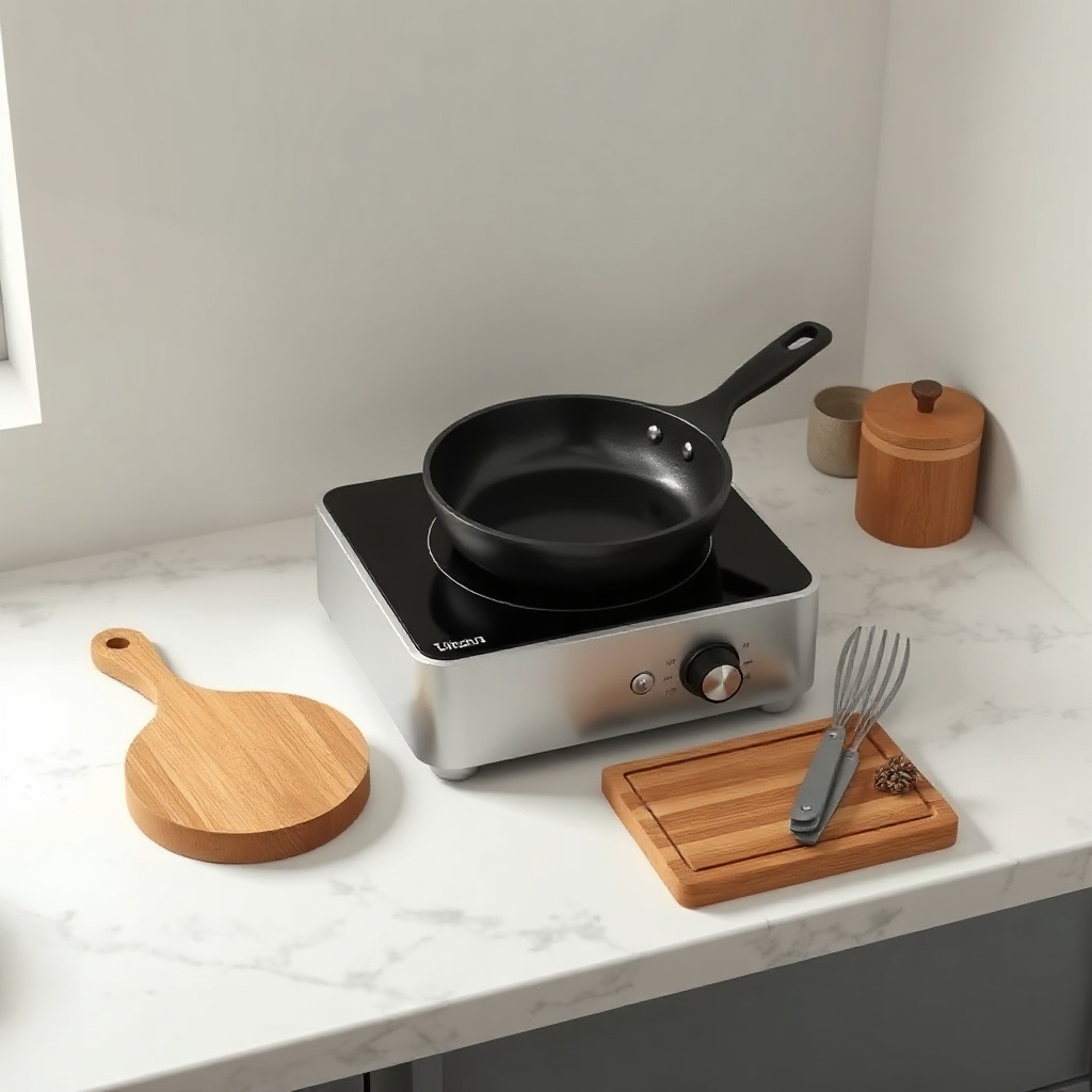 <clean photorealistic photo/illustration of a compact induction cooktop on a tiny marble c