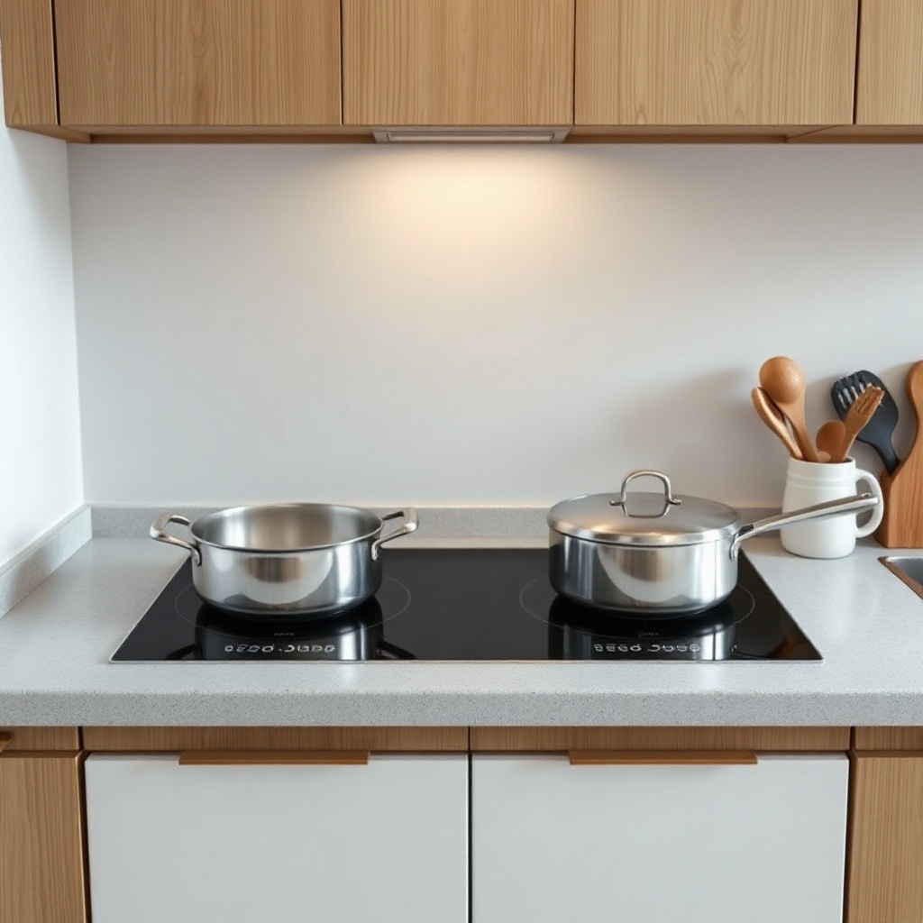 <clean photorealistic photo/illustration of a dual-zone induction cooktop with two pots co