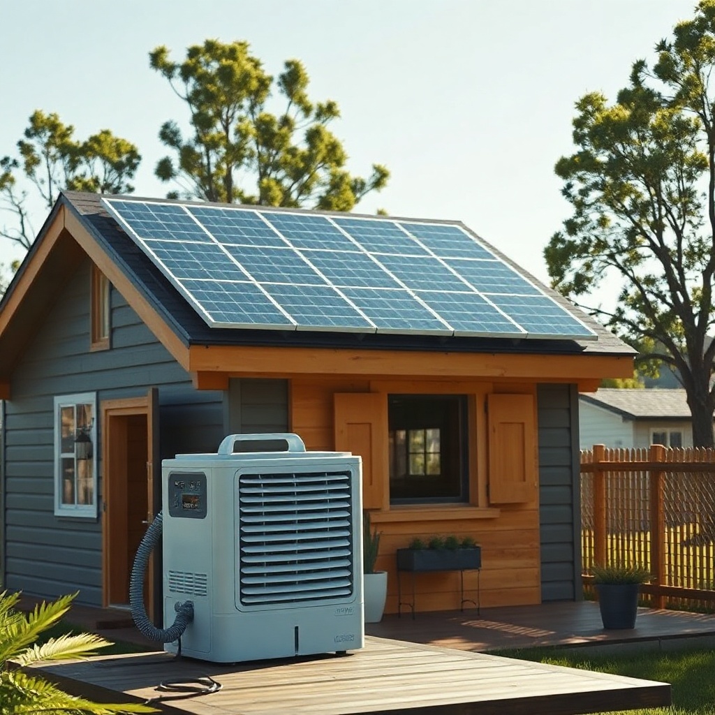 A photorealistic photo of a small solar panel array on the roof of a tiny house