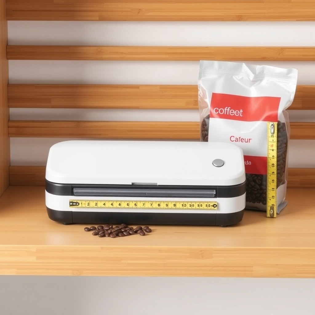 <clean photorealistic photo of a compact vacuum sealer sitting on a bamboo shelf next to a