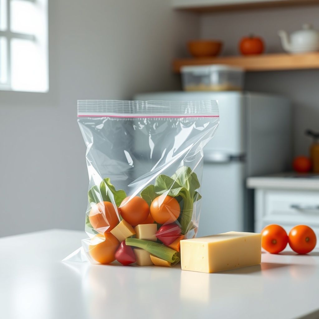<clean photorealistic photo of a vacuum-sealed bag of vegetables and a block of cheese on
