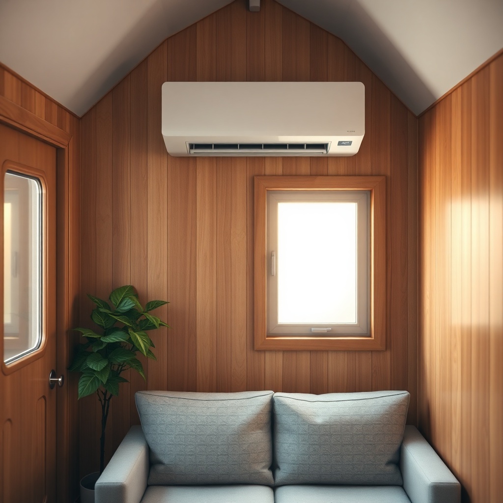 A photorealistic shot of a tiny house interior with a sleek