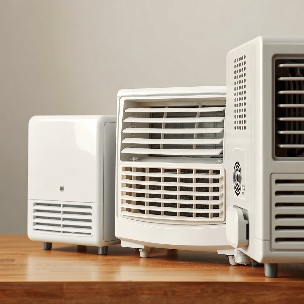A photorealistic close-up of three air conditioners side by side on a wooden table: a whit