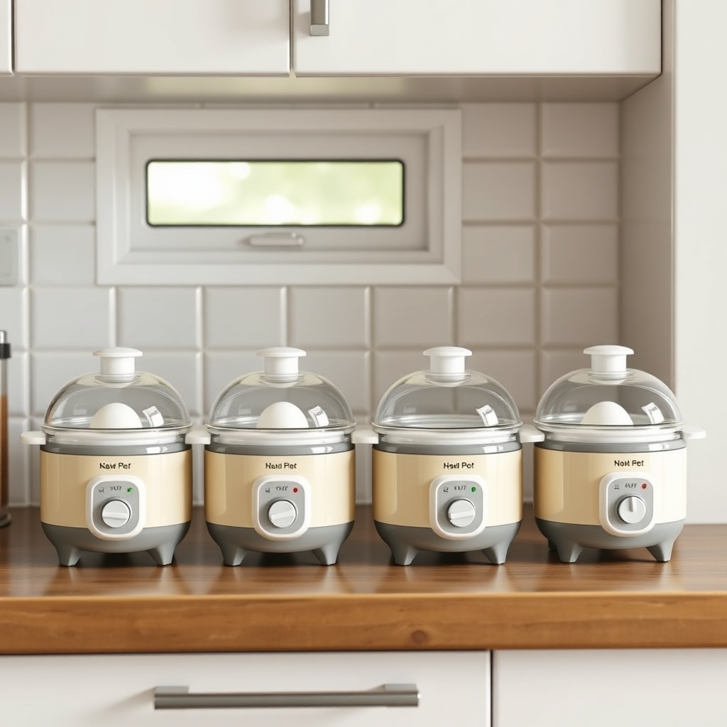 A photorealistic photo of four compact egg cookers neatly lined up on a tiny kitchen count