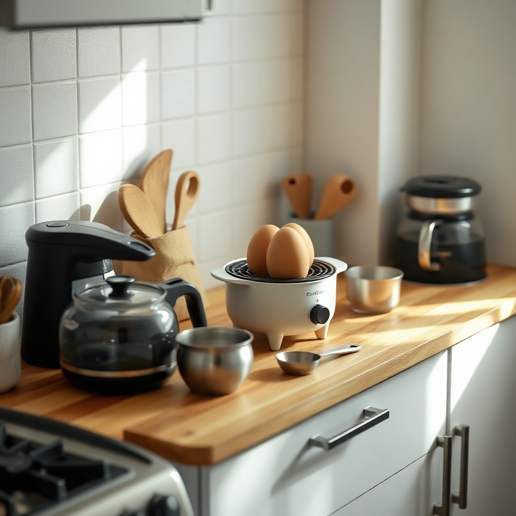 A photorealistic photo of a tiny kitchen with a compact egg cooker on a butcher-block coun