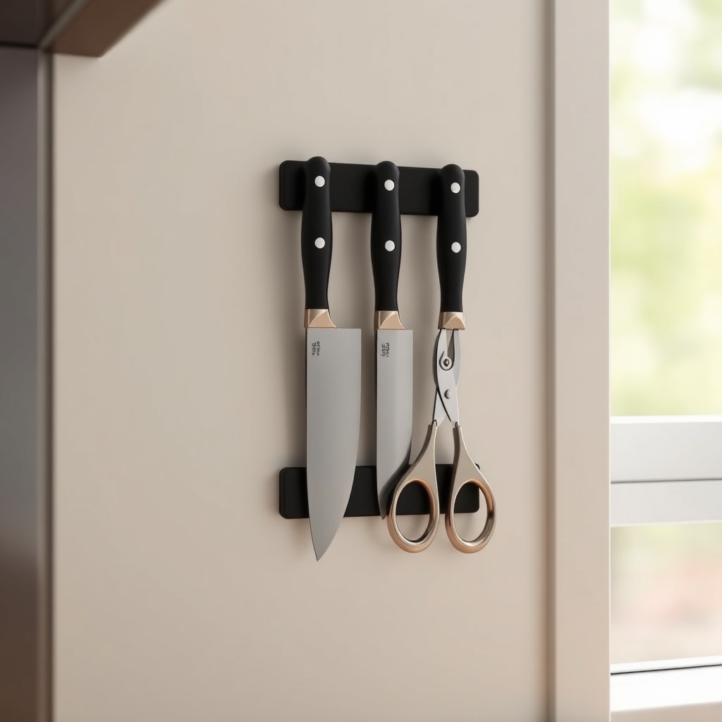 A photorealistic close-up of a tiny kitchen wall with a sleek black magnetic knife rack ho