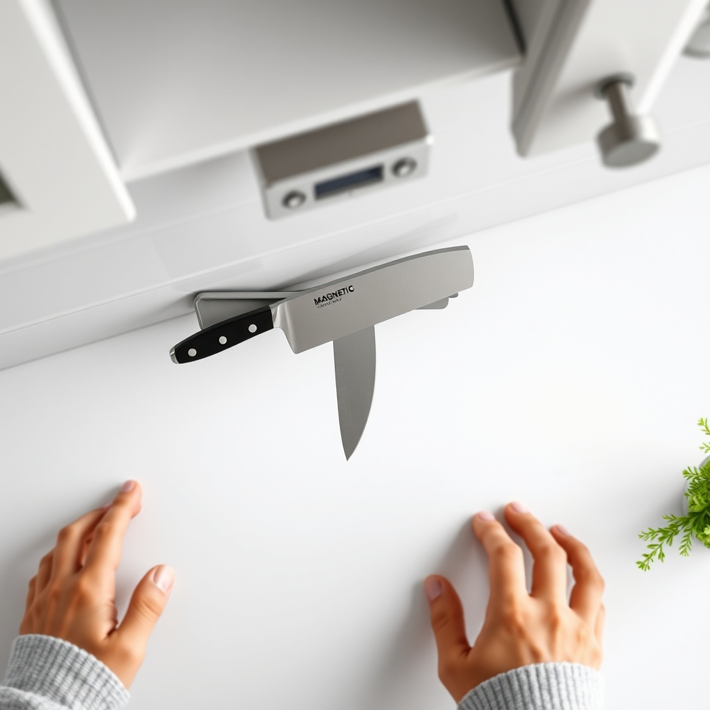 A photorealistic top-down view of a tiny kitchen counter with a magnetic knife bar mounted