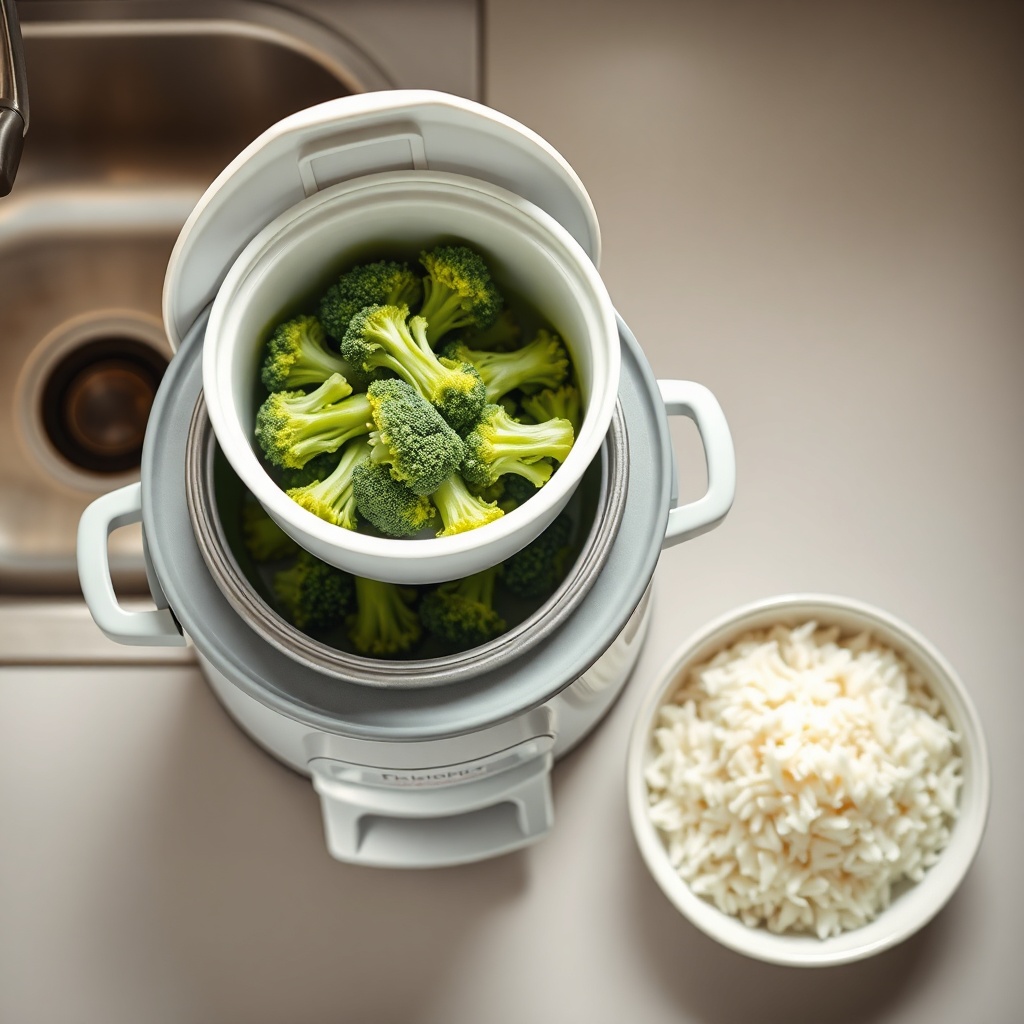 A photorealistic overhead view of a compact rice cooker on a kitchen counter