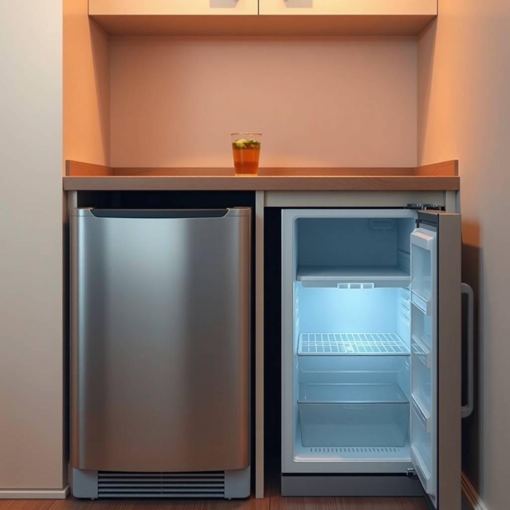 <A photorealistic wide shot of a tiny kitchen with a stainless steel under-counter ice mak