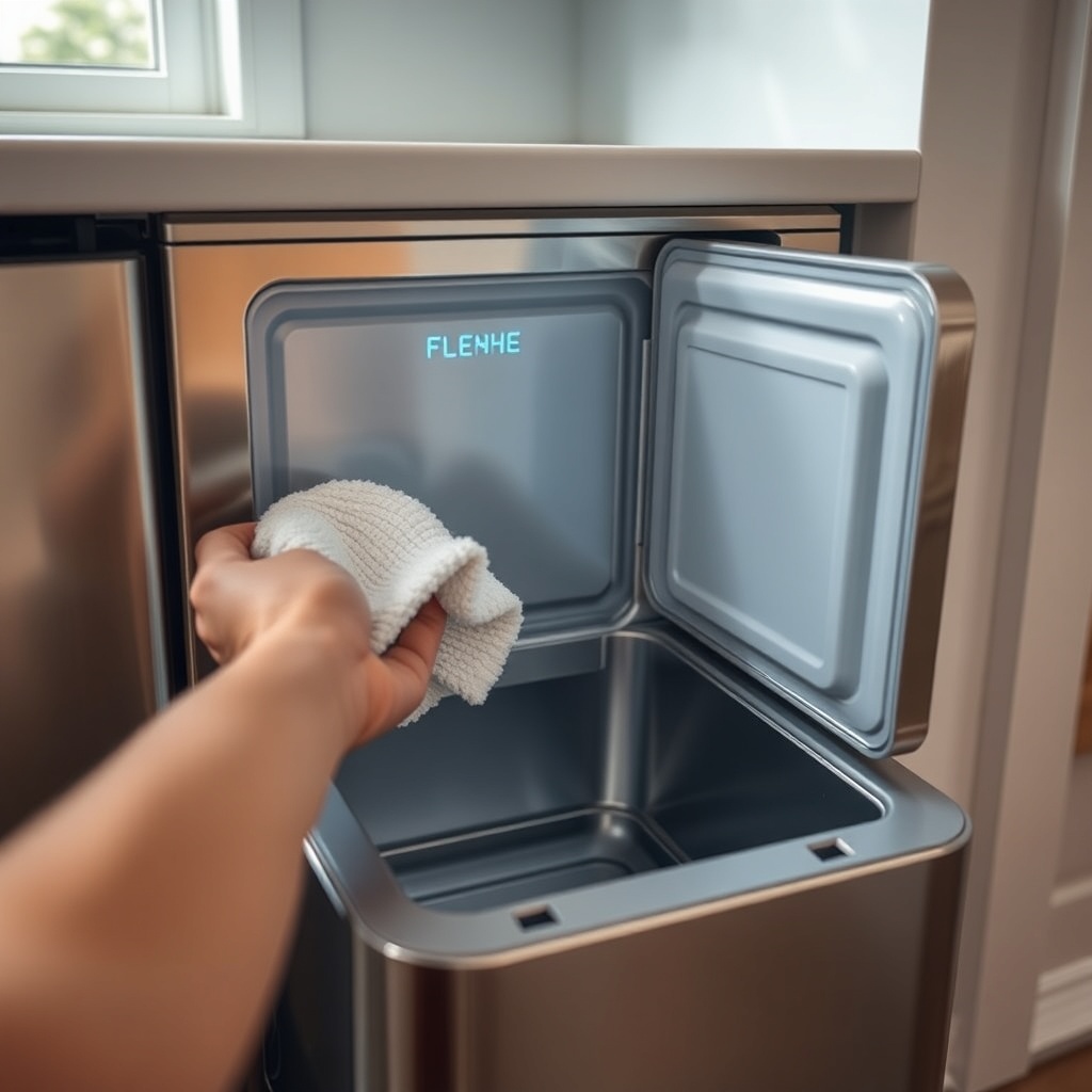 <A photorealistic close-up of a hand cleaning the interior of an under-counter ice maker w