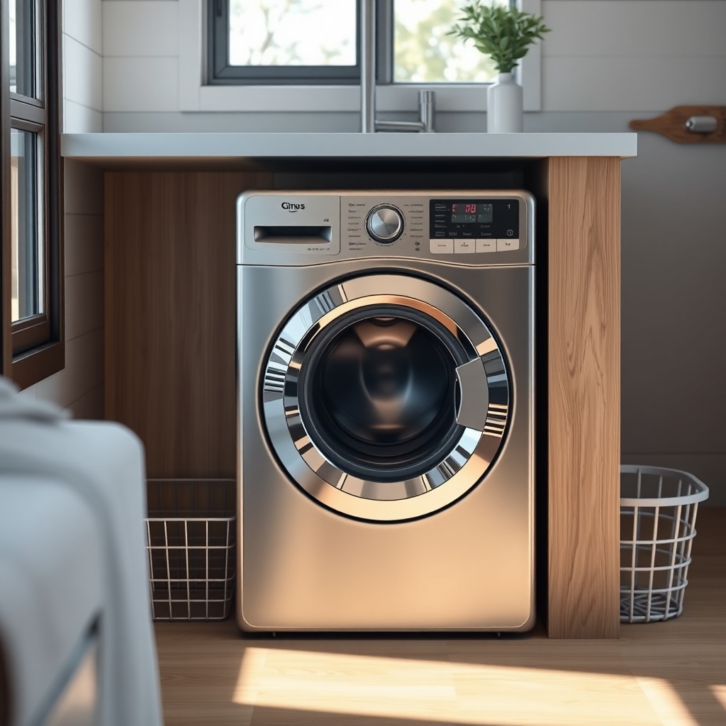 A photorealistic photo of a compact washer-dryer combo installed under a kitchen counter i