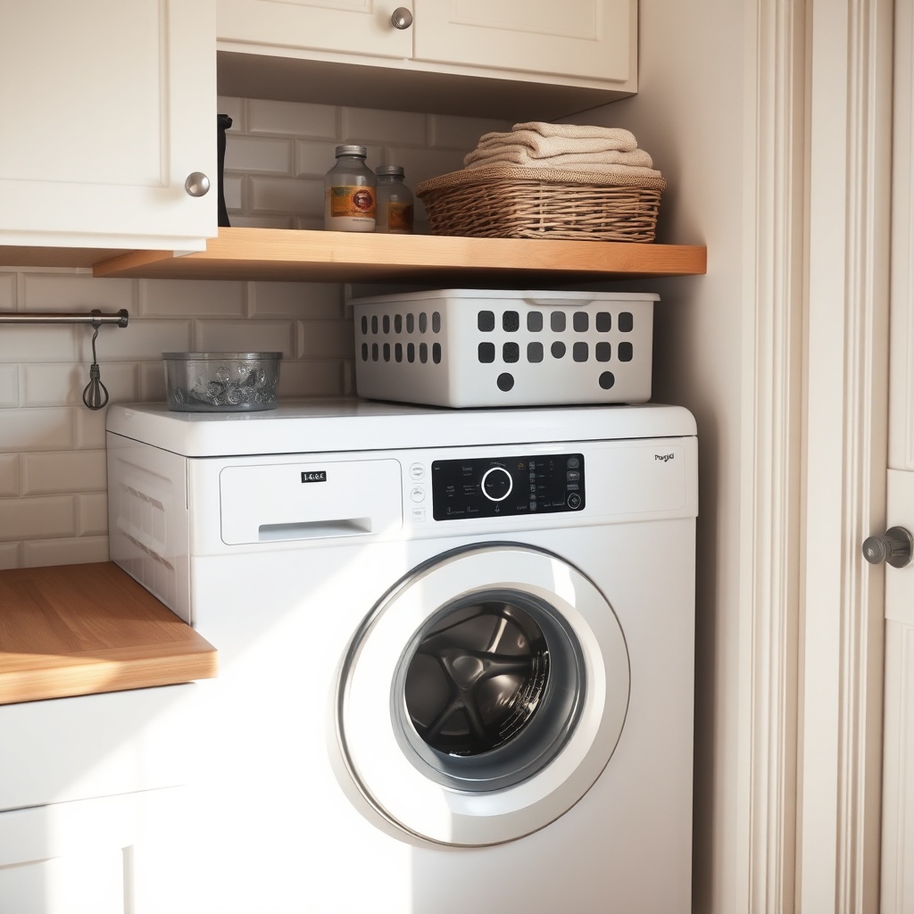 A photorealistic photo showing the interior of a tiny house kitchen with a compact washer-