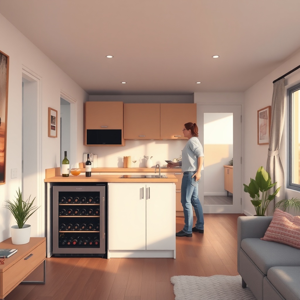 <A photorealistic illustration of an open-plan tiny living space with a compact wine coole