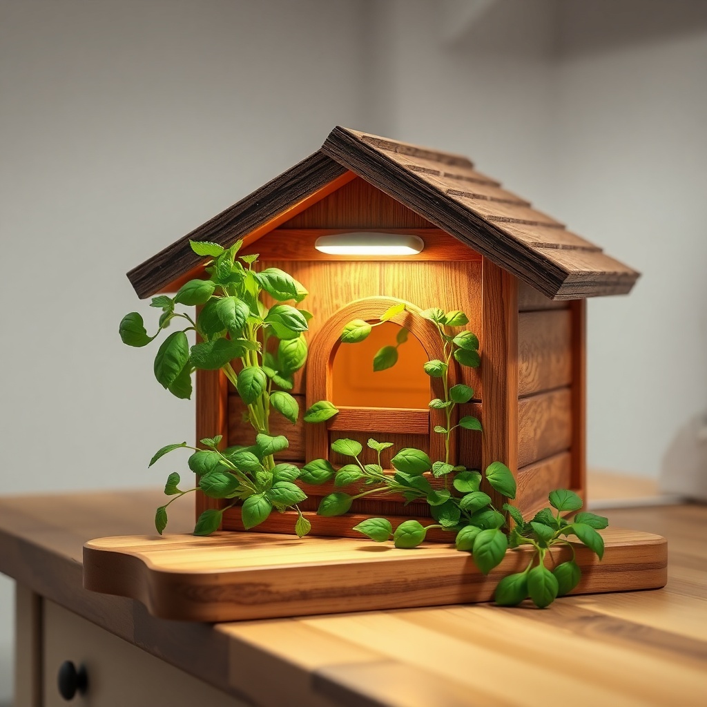 A photorealistic close-up of the Tiny Goat House sitting on a butcher-block countertop