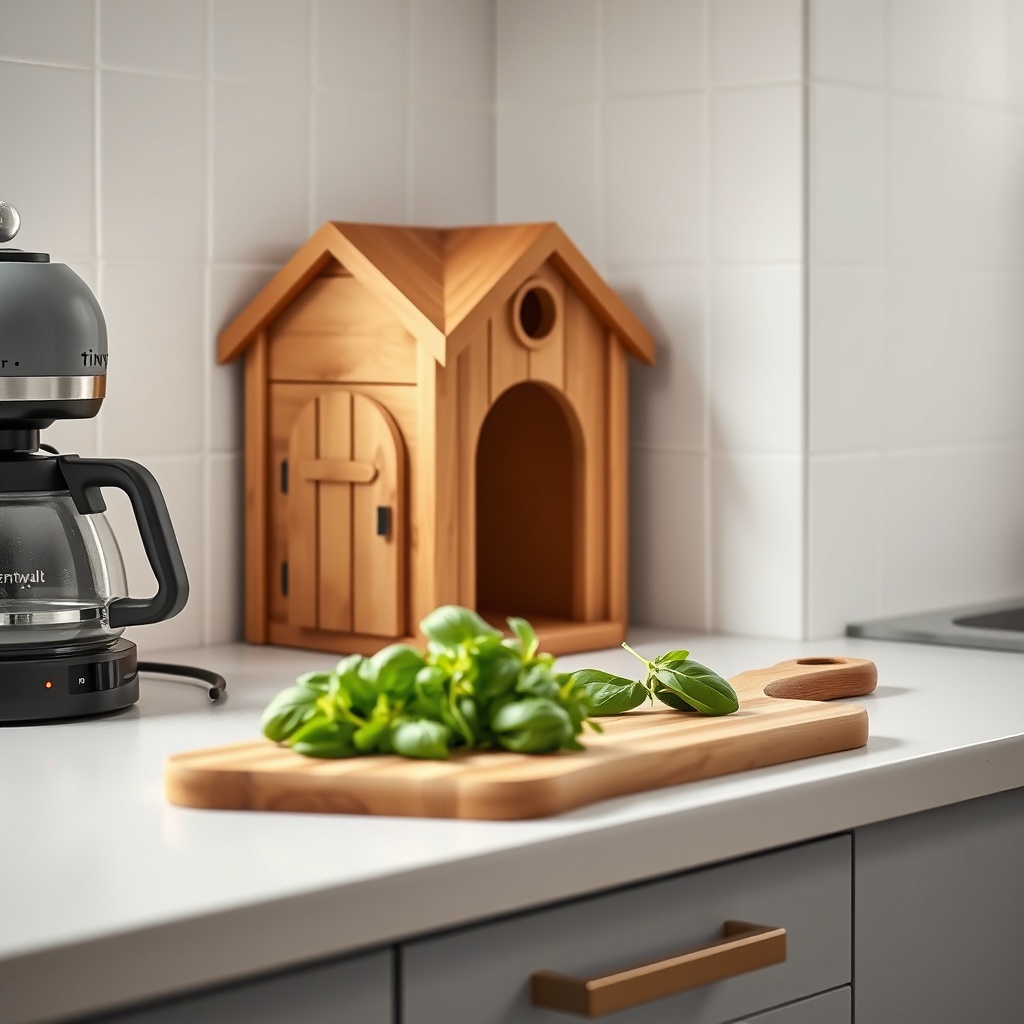 A photorealistic shot of a tiny kitchen counter with the Tiny Goat House next to a small c