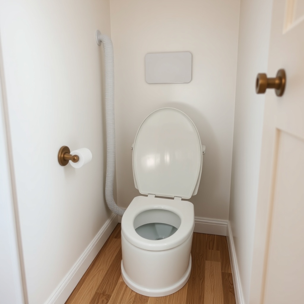 <clean photorealistic photo/illustration of a Tumbleweed Fencl composting toilet installed