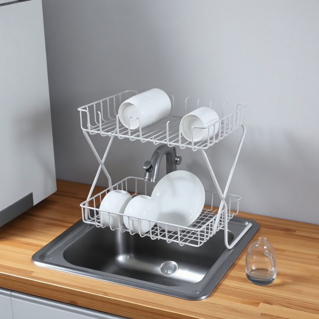 A clean photorealistic photo of the Fencl Collapsible Tower drying rack expanded over a ti