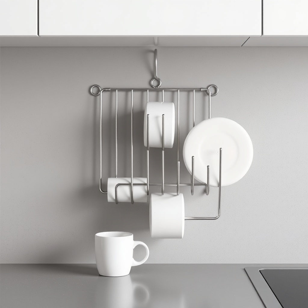 A clean photorealistic photo of the Fencl Wall-Mounted Flip Rack in its folded position ag