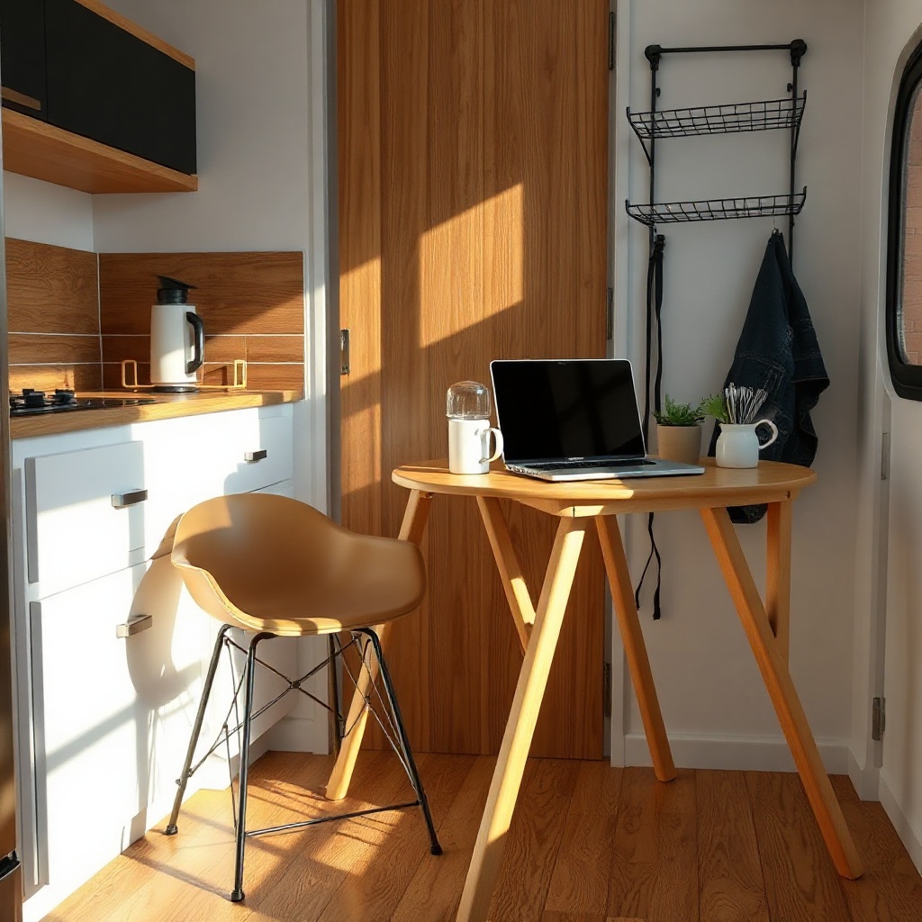 A clean photorealistic photo of a Tumbleweed Fencl folding table set up in a tiny house ki