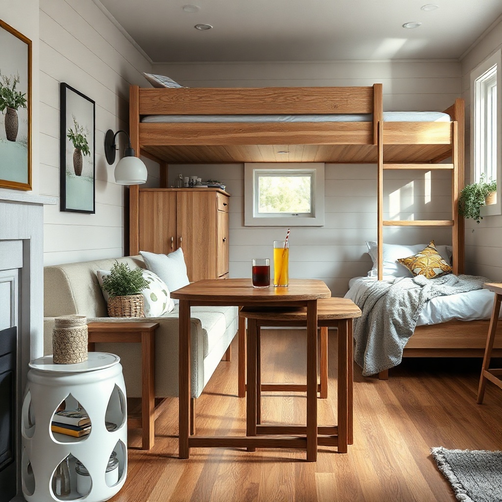 A photorealistic photo of a tiny house living room with a Fencl FN-24 nesting table set ho