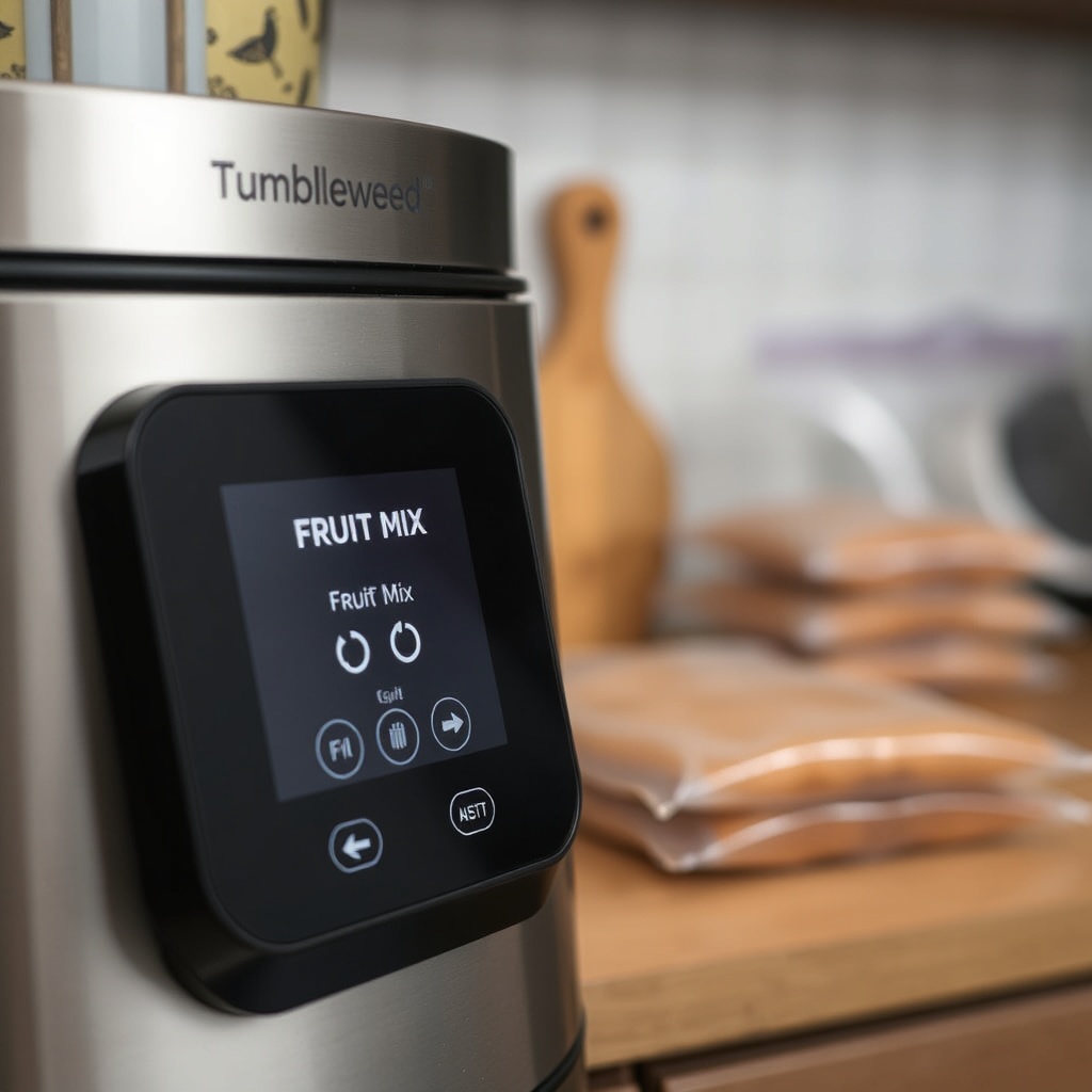 A close-up of the Tumbleweed Fencl's touch-screen control panel showing a "Fruit Mix" cycl