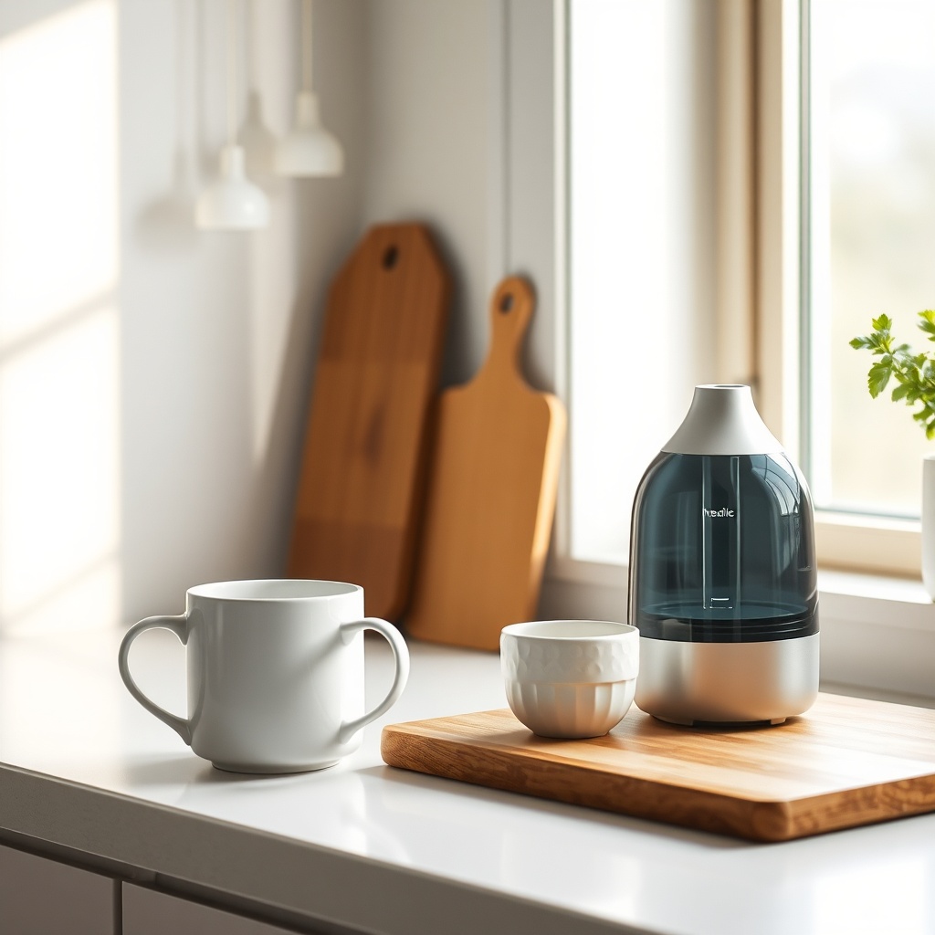 <clean photorealistic photo/illustration of a Tumbleweed Fencl tiny kitchen counter with a