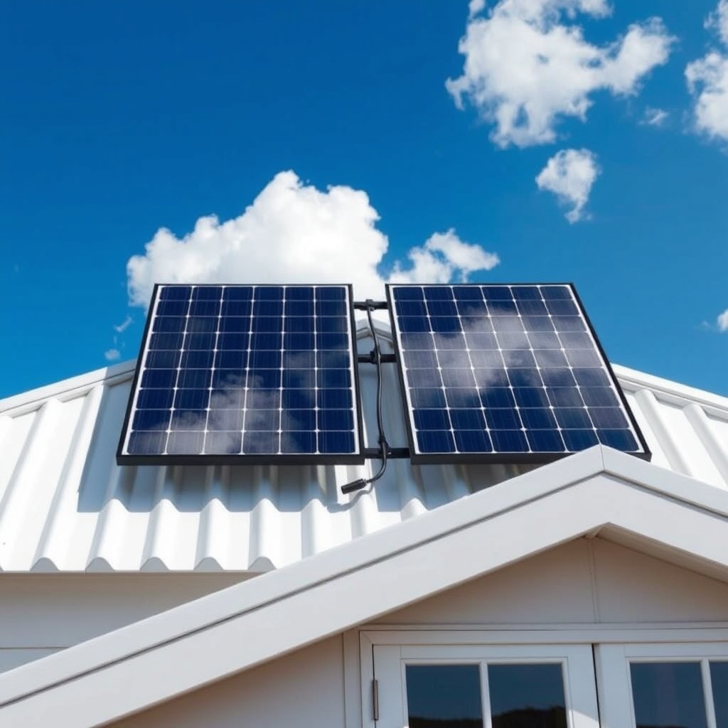 A photorealistic top-down view of two Tumbleweed Fencl 100W solar panels mounted on a whit
