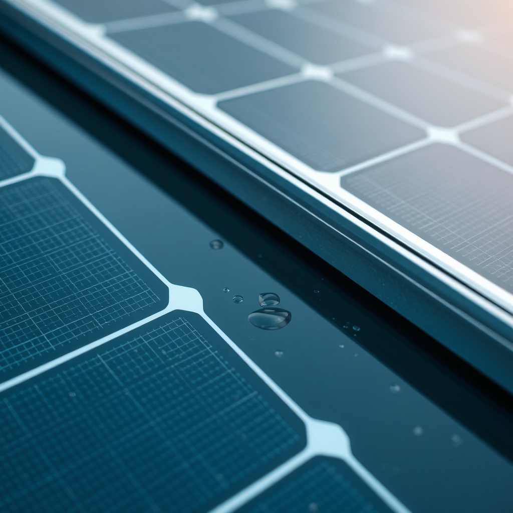A photorealistic close-up shot of a Tumbleweed Fencl solar panel edge
