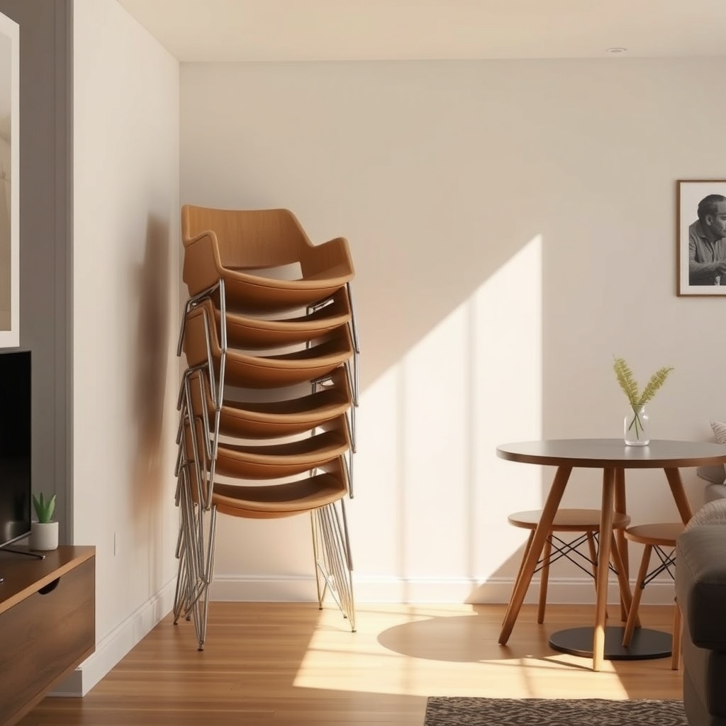 <clean photorealistic photo/illustration of a stack of four Tumbleweed Fencl chairs neatly
