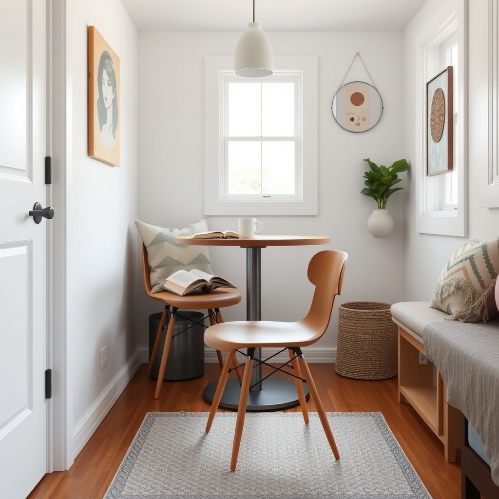 <clean photorealistic photo/illustration of a Tumbleweed Fencl chair being used at a small