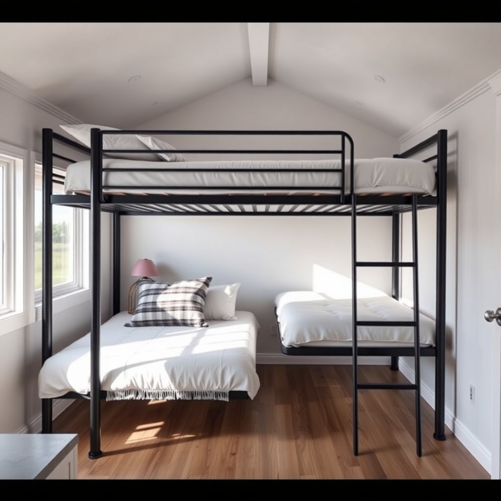 <clean photorealistic photo/illustration of two Tumbleweed Fencl stackable bunk beds in a