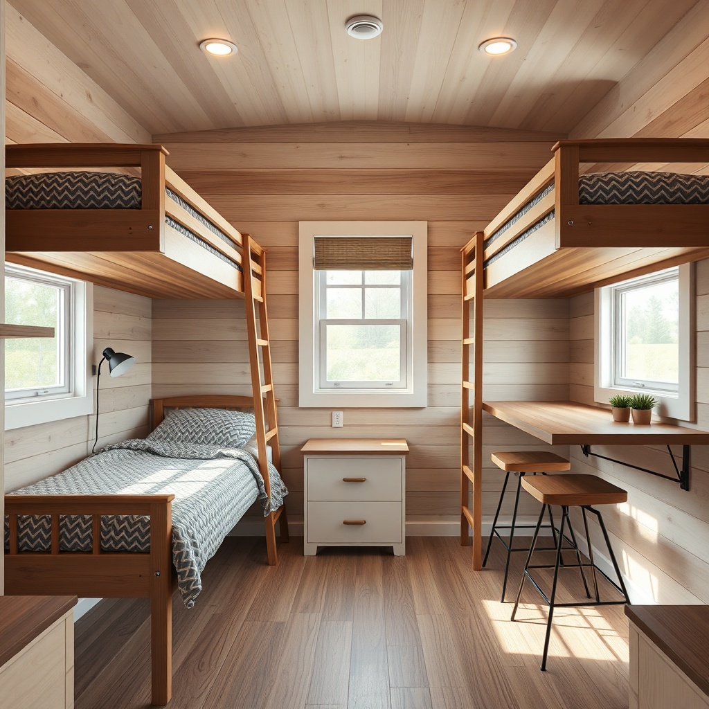<clean photorealistic photo/illustration of Tumbleweed Fencl bunk beds next to a small des