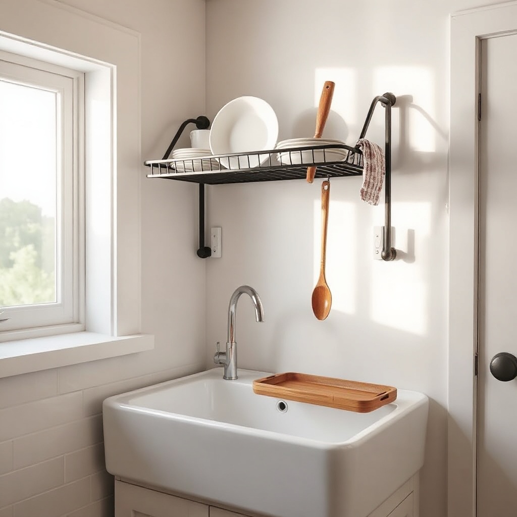 A photorealistic image showing a Tumbleweed Fencl wall-mounted drying rack installed above