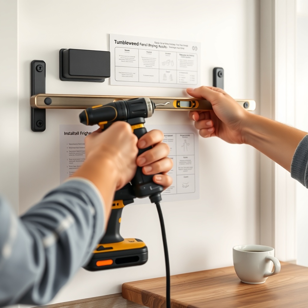 A photorealistic close-up of a person using a power drill to install a Tumbleweed Fencl dr